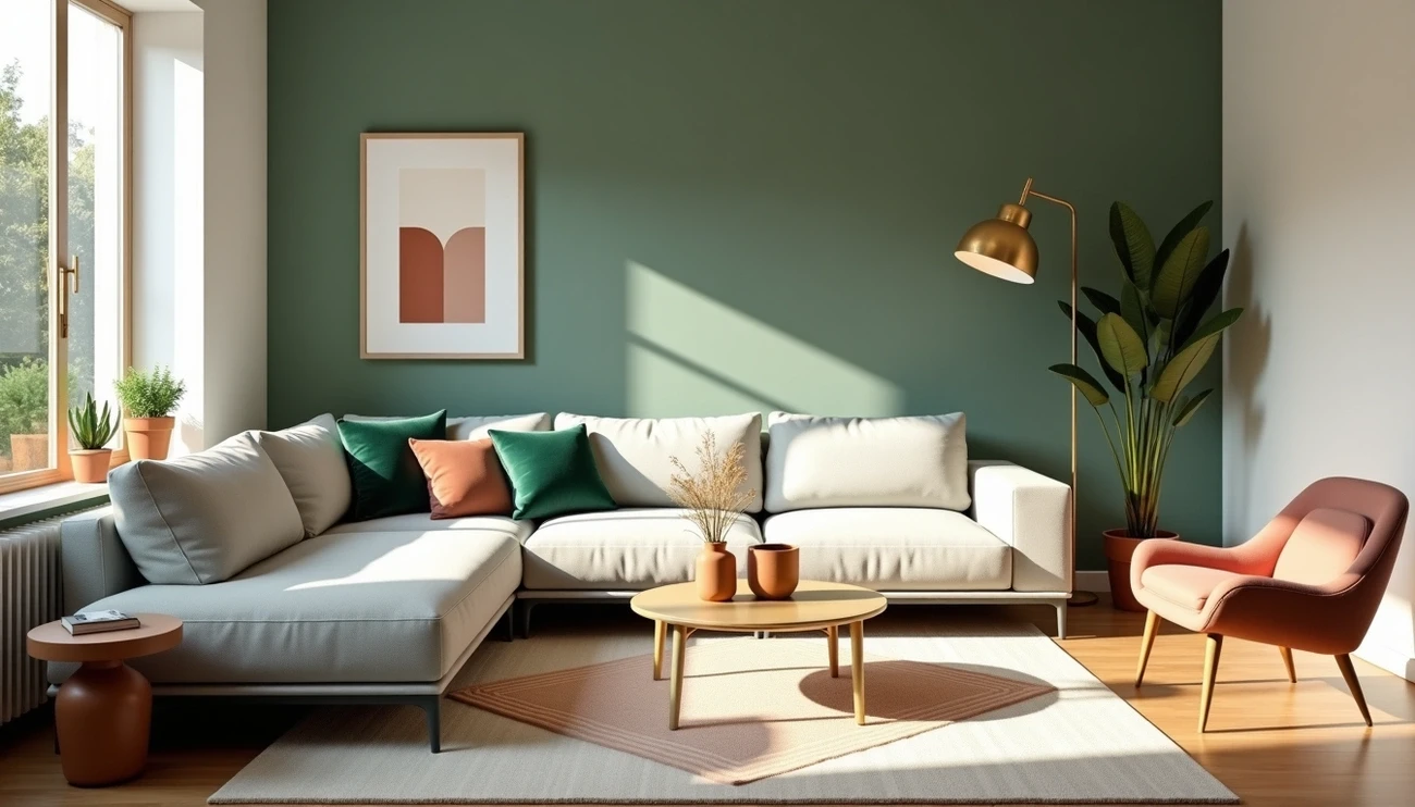 Salon z harmonijnie dobranymi kolorami - butelkowa zieleń, beż i złote akcenty