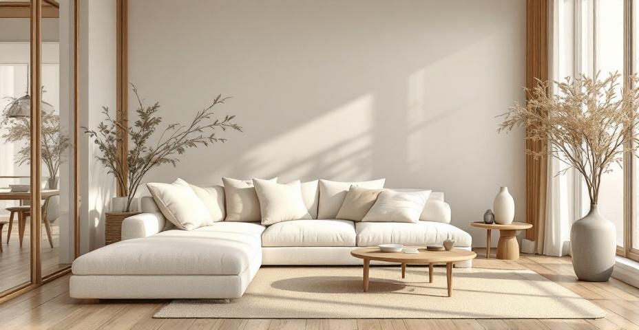 Salon w stylu Japandi - naturalne drewno, neutralne kolory i minimalistyczne meble