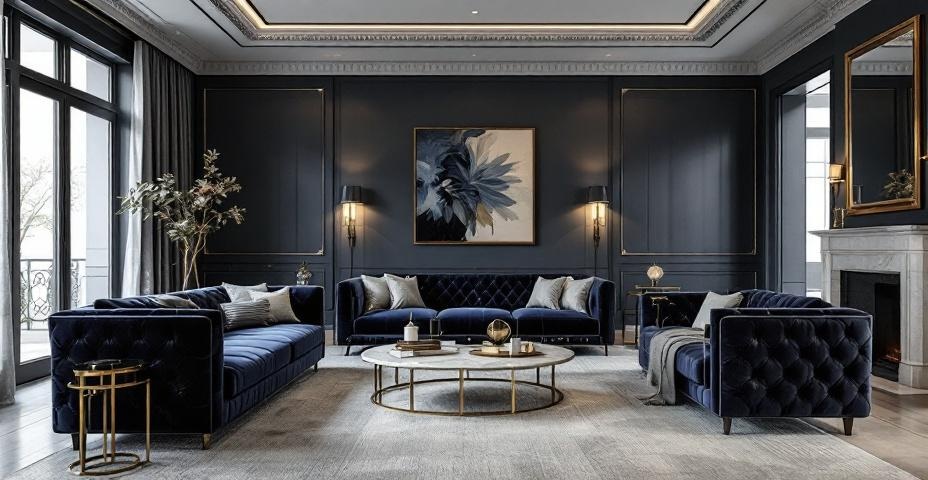 Salon w stylu Modern Classic - pikowana sofa, marmurowy stolik i złote detale