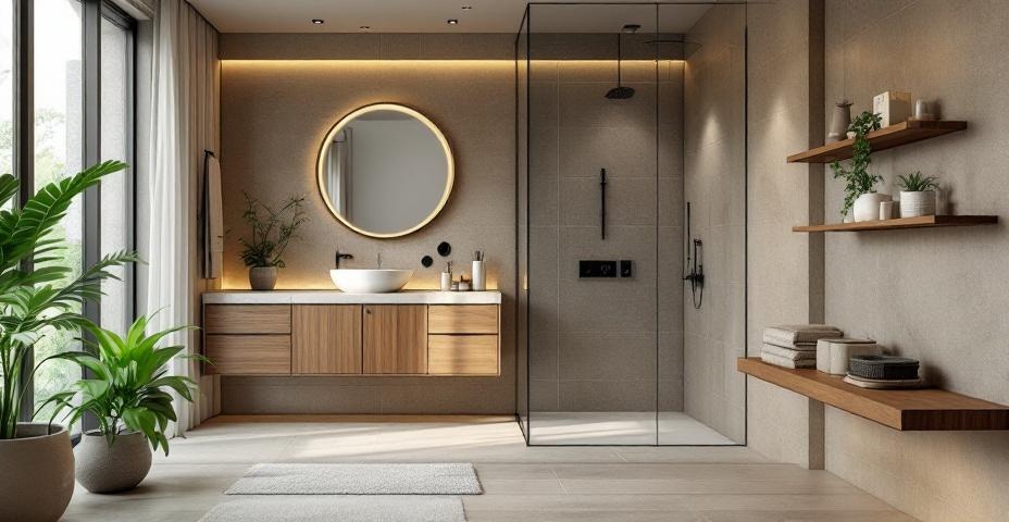 Wizualizacja projektu łazienki w stylu japandi - Studio Subtelności Kielce