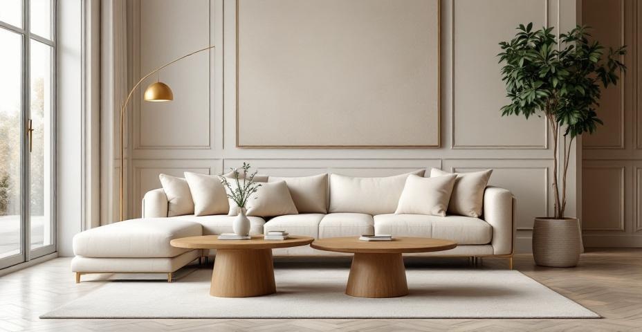 Projekt salonu w stylu Modern Classic - jasna sofa, drewniany stolik i złote akcenty