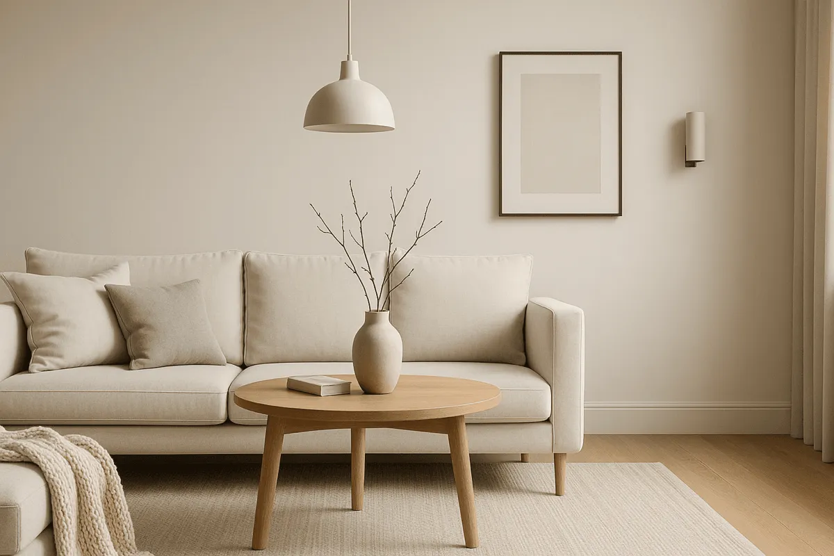 Stylowe wyposażenie wnętrz - salon z dekoracjami, oświetleniem i tekstyliami