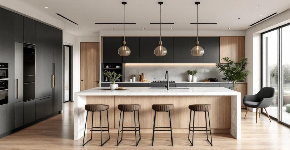 Nowoczesna wyspa kuchenna z marmurowym blatem i hokerami w otwartej kuchni