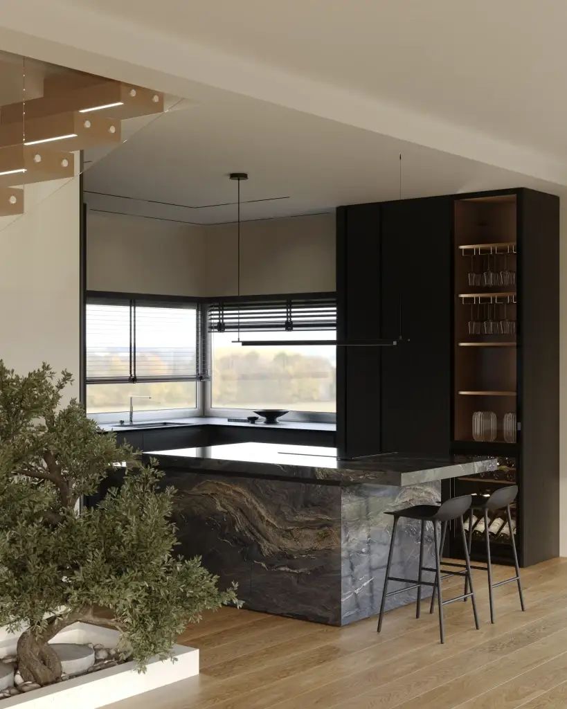 Kuchnia z kamienną wyspą - dom w Chęcinach