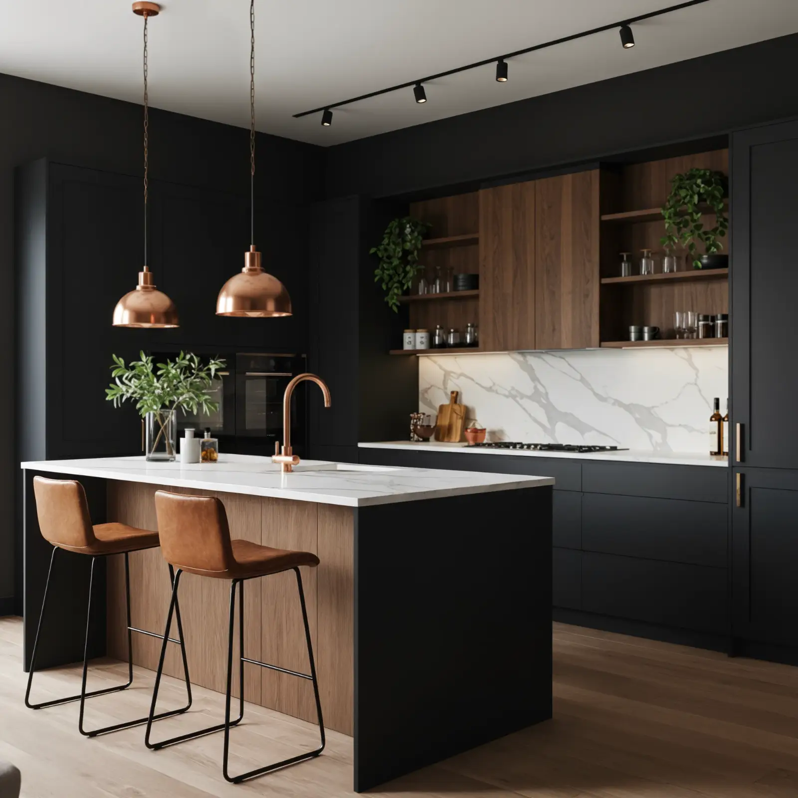 Kuchnia w stylu modern classic - wyspa kuchenna, fronty w bieli, oświetlenie punktowe z miedzianymi lampami