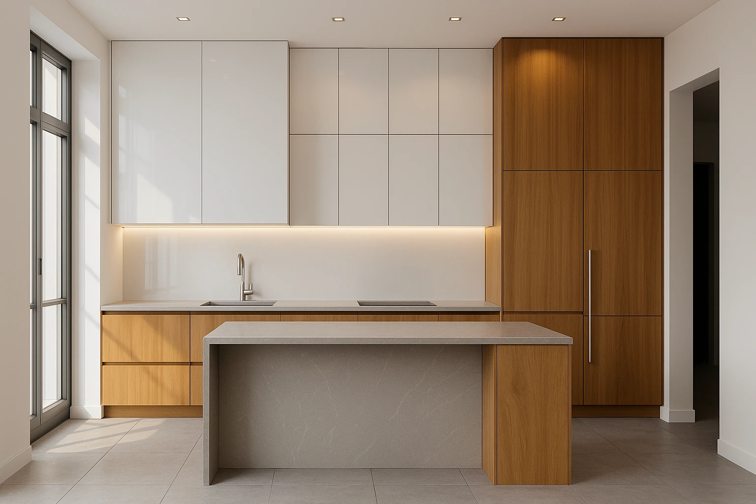 Realizacja projektu kuchni - drewniana wyspa, białe szafki i podświetlenie LED