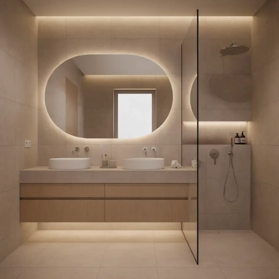 Realizacja projektu łazienki - podświetlane lustro, dwie umywalki i prysznic walk-in