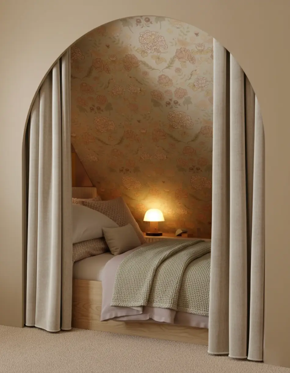 Realizacja pokoju dziecięcego - łukowata wnęka pod skosem z zabudową MDF