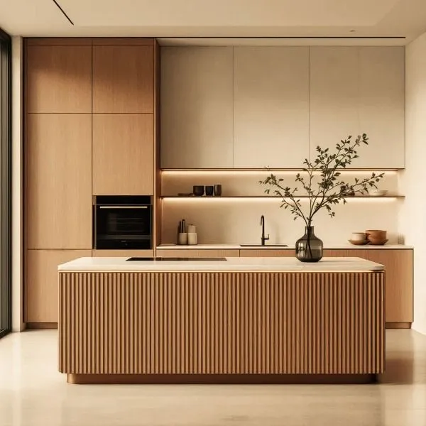 Wizualizacja 3D kuchni z drewnianą wyspą i jasnymi szafkami - Studio Subtelności